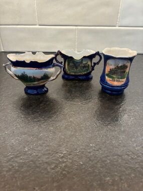 Flow Blue Porcelain Miniature Vase Bowls Set Antique Dresden Germany